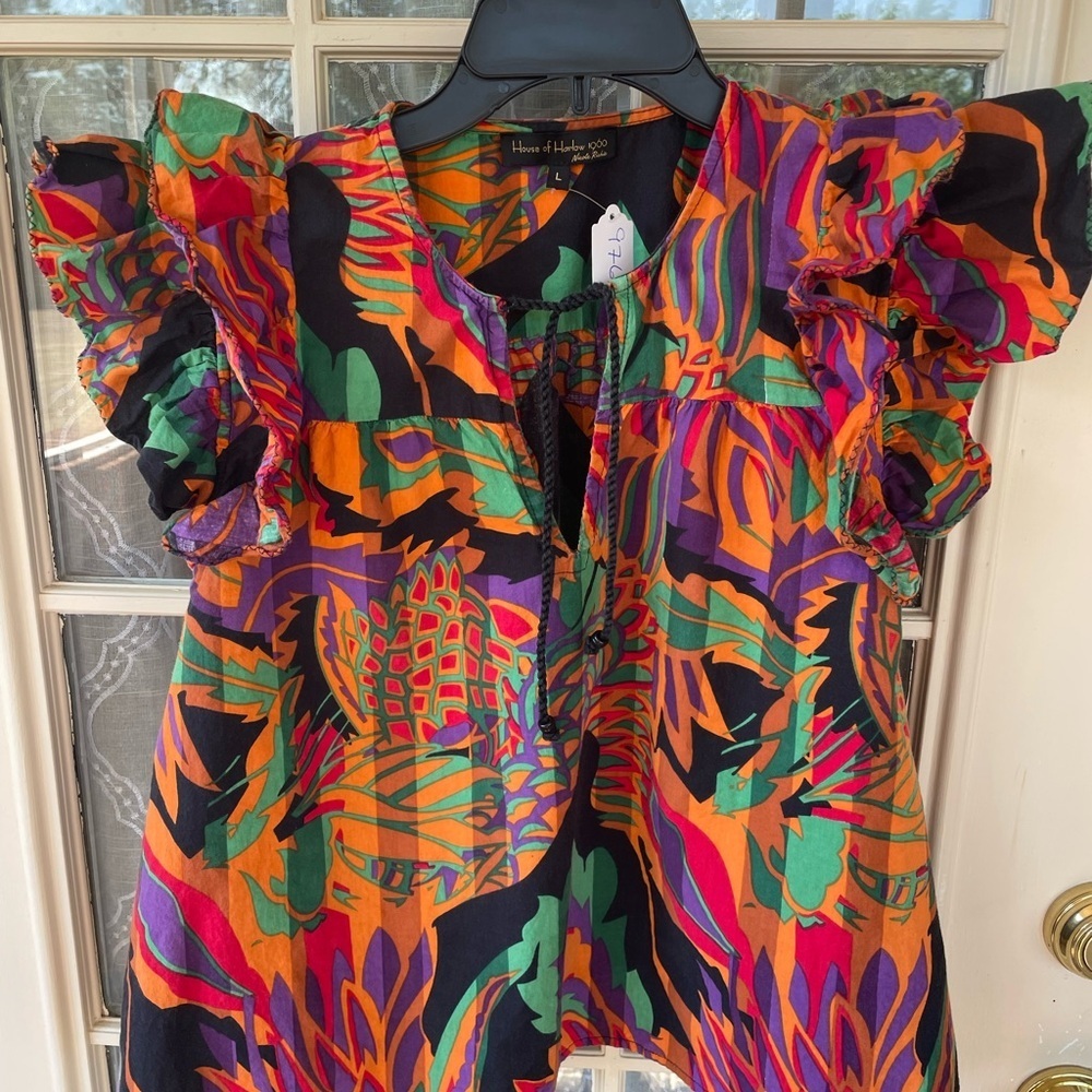 House of Harlow 1960 Size L 🌺 Bold Tropical Ruffle Sleeve Blouse Nicole Richie